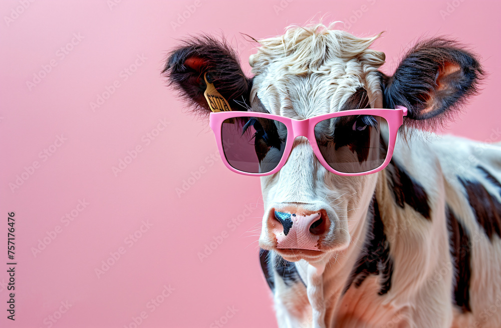 Cow wearing pink sunglasses on pink background. Quirky and fun animal portrait concept. Suitable for creative design and advertising with copy space