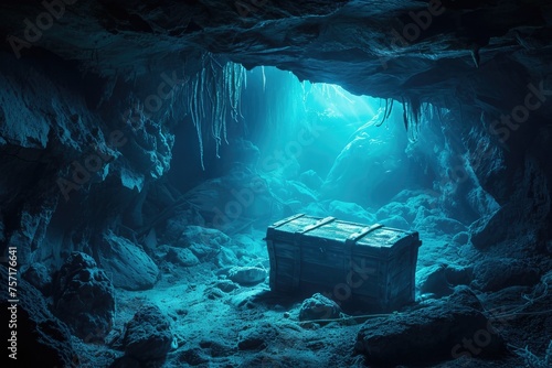A box is discovered in the heart of a cave, surrounded by darkness and mystery, A lost sunken treasure chest hidden inside a dark underwater cave, AI Generated