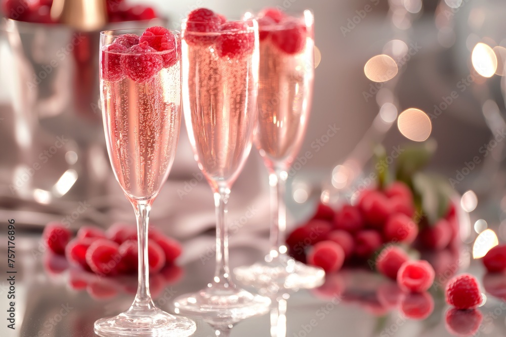 Three champagne flutes with rose champagne and fresh raspberries bokeh lights in the background