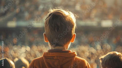 Cute and handsome Young boy watching sport match in soccer stadium