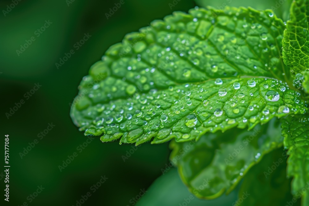 A vibrant green leaf with sparkling water droplets, showcasing the beauty of nature up close, A macro shot of a dew-kissed mint leaf, AI Generated A vibrant green leaf with sparkling water droplets, showcasing the beauty of nature up close, A macro shot of a dew-kissed mint leaf, AI Generated