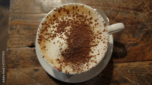 A white porcelain cup filled with frothy cappuccino, adorned with a sprinkle of cocoa powder