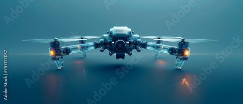 3D abstract drone isolated on blue. Military technology, aerial monitoring, futuristic videography, security innovation, remote video, digital technology, quadcopter concept. Polygonal illustration. photo