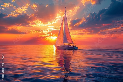 During sunset, a sailboat is isolated beyond clouds.