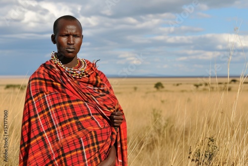 A woman stands confidently in a picturesque field of tall grass, surrounded by natures beauty, A Maasai warrior in traditional attire amidst African plains, AI Generated © Iftikhar alam