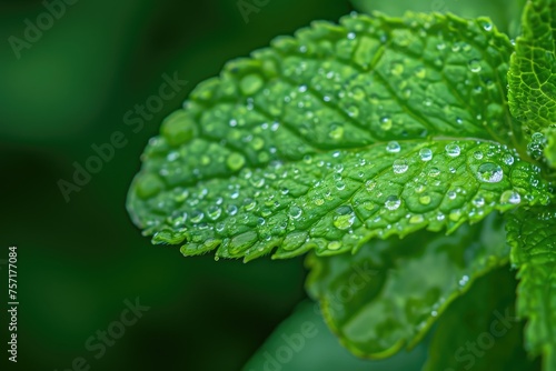 A vibrant green leaf with sparkling water droplets, showcasing the beauty of nature up close, A macro shot of a dew-kissed mint leaf, AI Generated