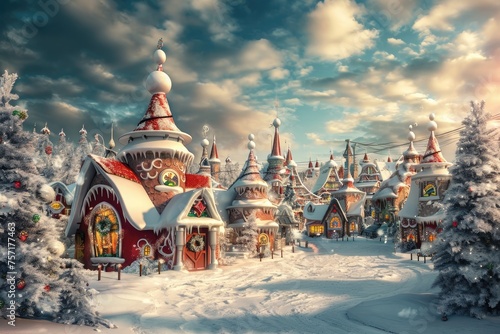 Experience the magic of the holiday season with a charming Christmas village blanketed in snow, A magical landscape of Santa's village in the North Pole, AI Generated photo