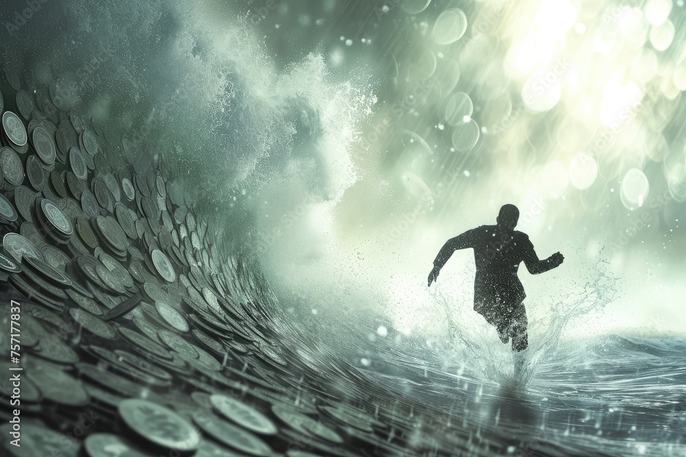A man fearlessly runs through a massive wave crashing against the shore, A man running away from a giant wave of coins representing the fear of inflation, AI Generated