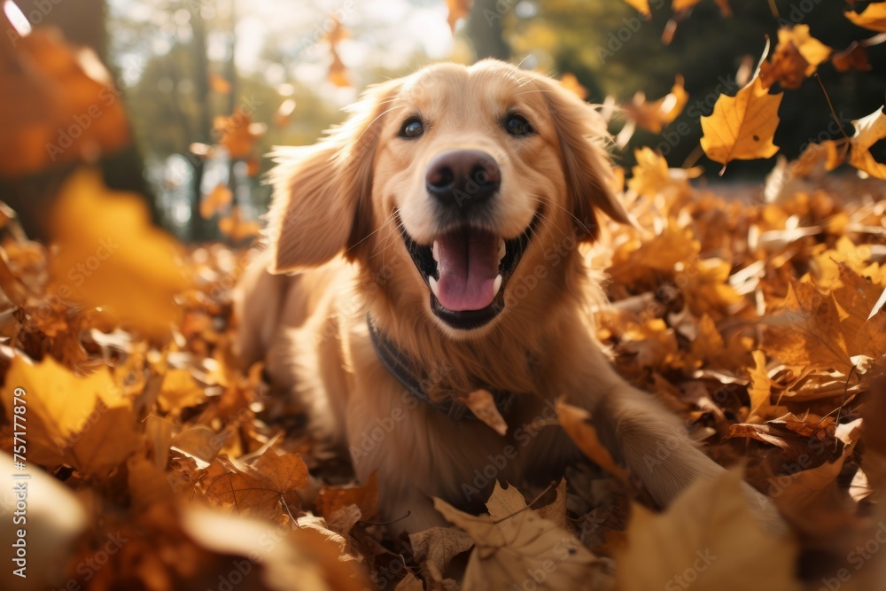 A golden retriever jumping through a pile of autumn leaves with a big, bright smile on its face