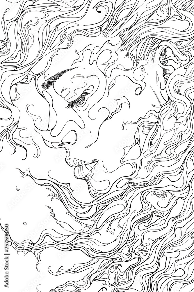 Fototapeta premium Artistic representation of a woman's face engulfed in abstract flowing lines, conveying a sense of dreaminess and fluidity, coloringpage