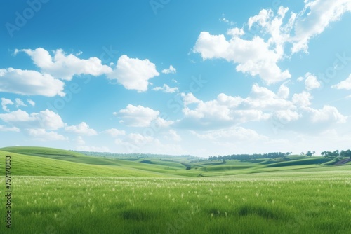 A picturesque countryside landscape in Tuscany, Italy, with rolling hills, lush green grass, and a bright blue sky with fluffy white clouds