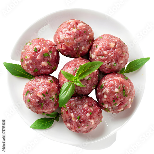 Raw meatballs top view isolated on transparent background
