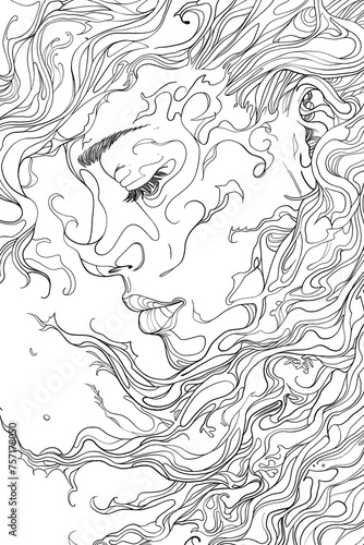 Artistic representation of a woman's face engulfed in abstract flowing lines, conveying a sense of dreaminess and fluidity, coloringpage