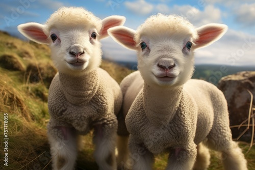Two small lambs and a large sheep looking up at the camera, their eyes filled with wonder and trust