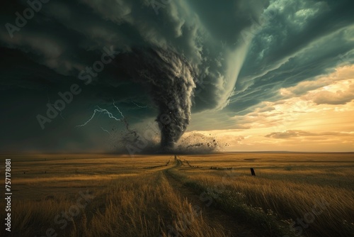 A massive tornado emerges from a dark storm cloud, illustrating the overwhelming power and destruction of nature, A massive twister ripping across open plains, AI Generated © Iftikhar alam