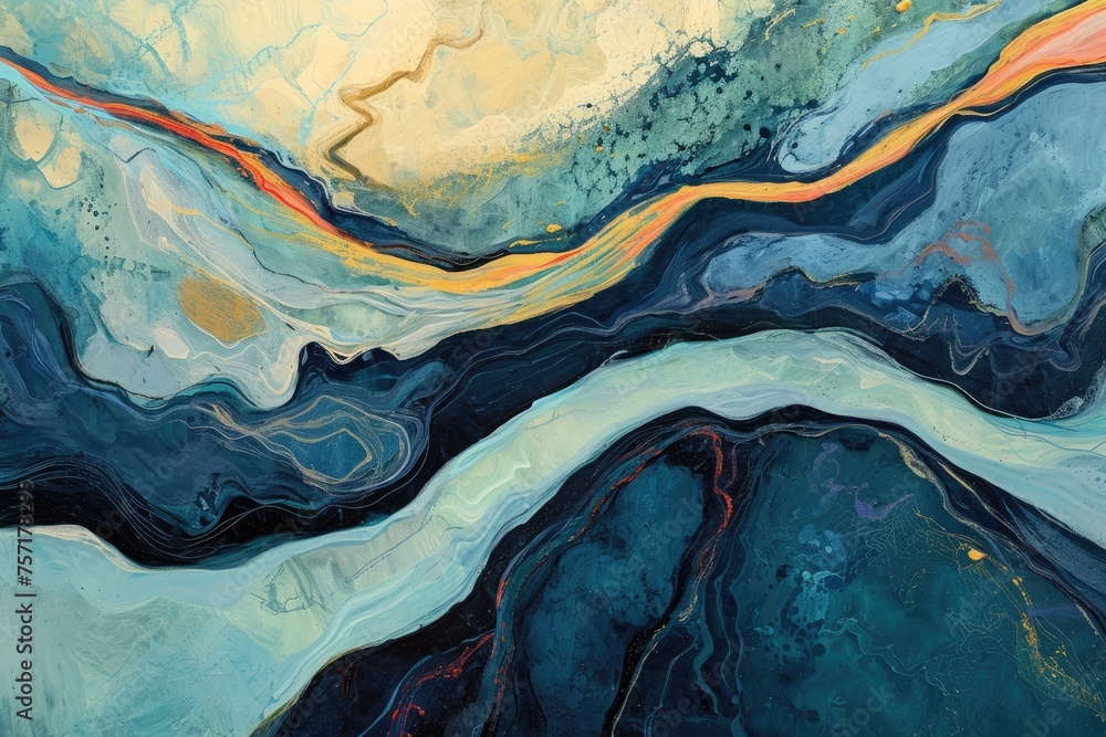 Obraz premium An intriguing artwork featuring vibrant blue and yellow colors blended in a captivating abstract composition, A meandering river cutting through an abstract landscape, AI Generated