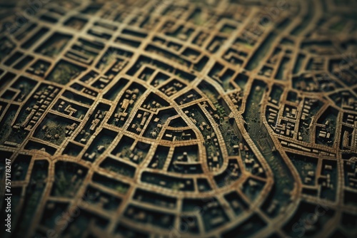 Get a comprehensive view of a citys layout with this close up shot of an intricate map, perfect for planning your urban adventures, A maze-like city seen from a helicopter ride, AI Generated