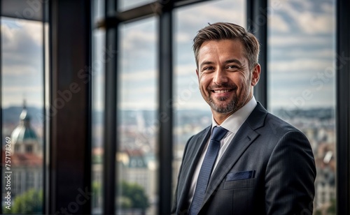 businessman standing with hands crossed and looking at camera happy