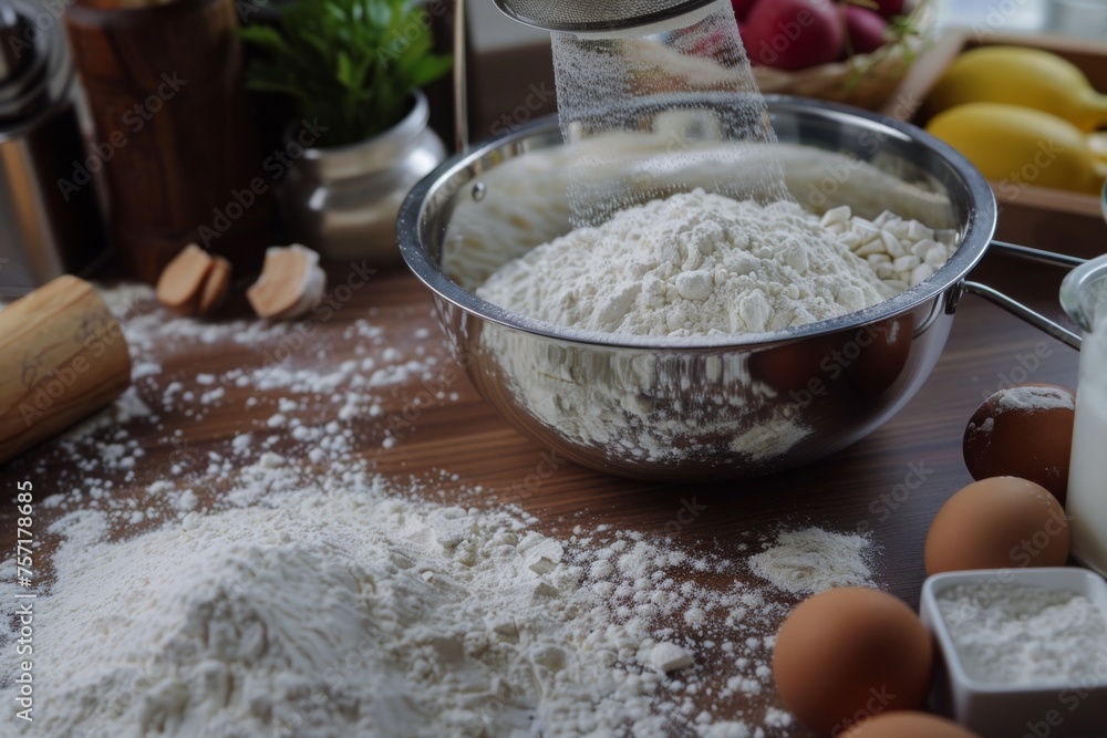 tandem sifting flour into a bowl, surrounded by ingredients tandem sifting flour into a bowl, surrounded by ingredients