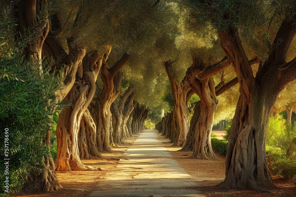 A picturesque road meandering through a serene landscape, surrounded by a row of towering trees, A mesmerizing olive tree corridor in an old city park, AI Generated