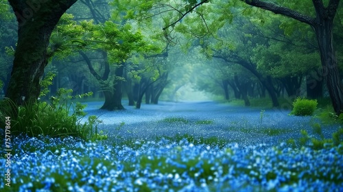 Azure forget-me-nots carpeting a tranquil woodland glade  a hidden oasis of blue amidst lush greenery.