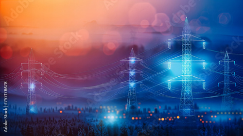 Technology and Power Transmission, Electric Tower Network, Industrial Energy Concept on Blue Sky Background
