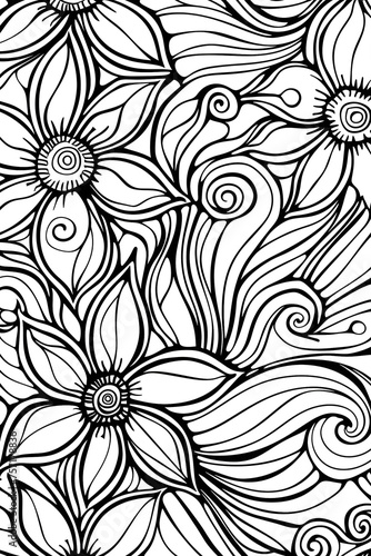 A beautiful adult coloring page displaying a variety of detailed flowers, leaves, and flowing lines