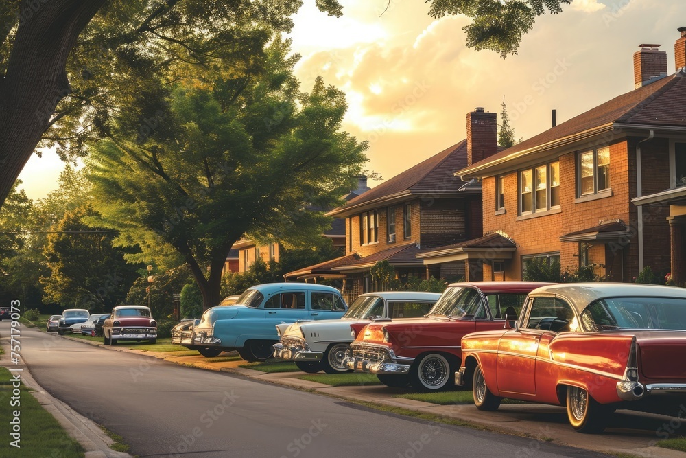 A neat row of vehicles parked on the side of a busy city road, A mid-century American neighborhood with classic cars lined up, AI Generated