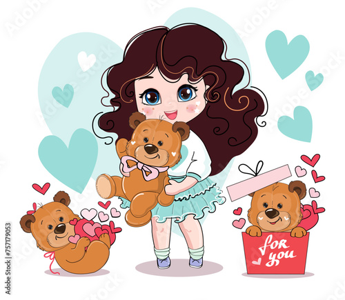 Cute cartoon little girl in anime style with funny teddy bear toys. Kawaii style. Vector illustration t-shirt print. Big eyes. Valentines and birthday greeting card