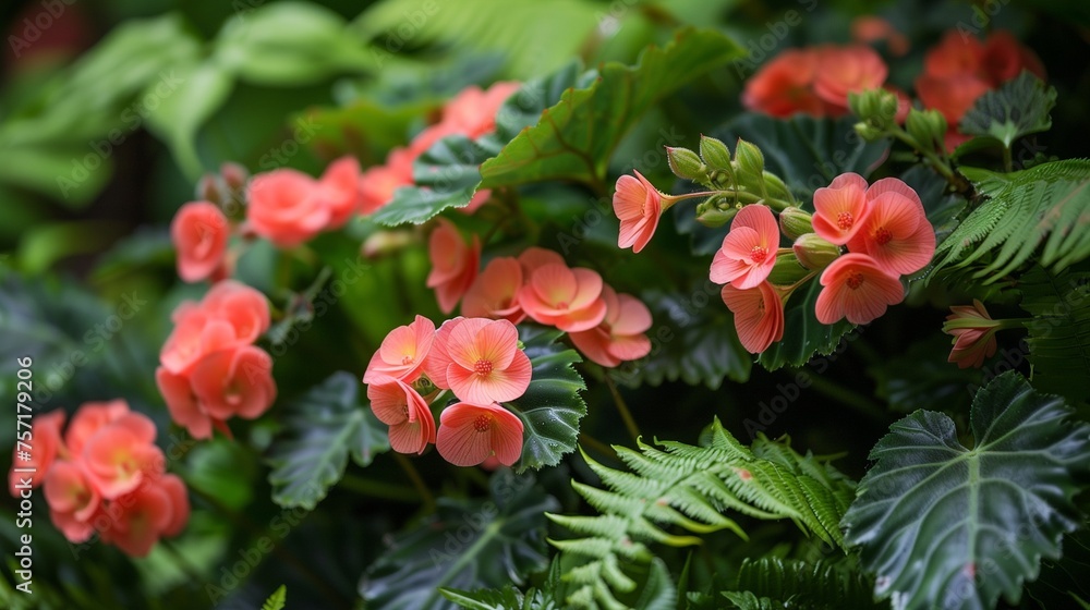 Coral-hued begonias nestled among verdant ferns, their delicate blooms a study in natural elegance.