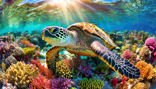 Close-up of a beautiful sea turtle swimming gracefully underwater in a vibrant coral reef. Generative Ai.