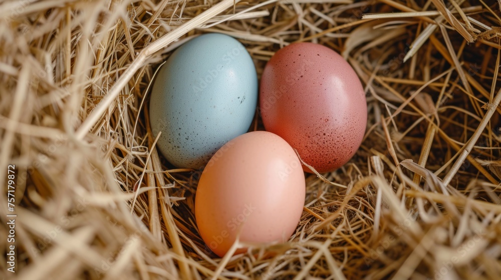 Pastel Colored naturally dyed Eggs in Straw Nest Top View