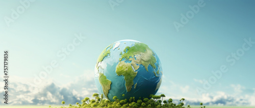 Globe on the grass against the blue sky. Environment Earth Day. Ecology. Save clean planet. Banner. Copy space © syhin_stas