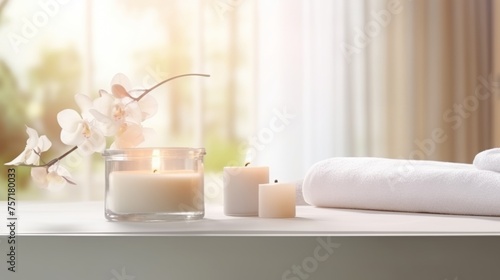 white table for mockup with a blurred elegant spa room in the background
