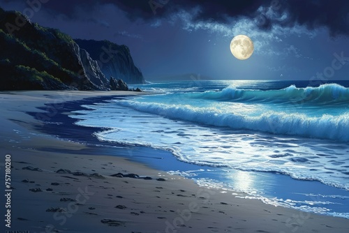 A captivating painting showcasing a tranquil beach at night  illuminated by a full moon  creating a serene and peaceful ambiance  A moonlit beach with gentle waves lapping  AI Generated