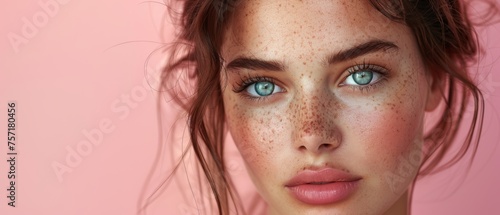 This is a beautiful brown hair model face portrait. She has perfect skin and natural make-up against a pink background. It is a beauty salin and cosmetics concept. The banner has space for text.
