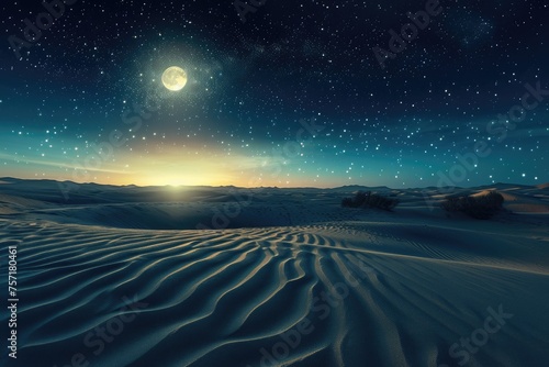 This stunning photo captures the beauty of a desert at night, highlighting the enchanting moonlit sky, A moonlit desert with sparkling sands, AI Generated