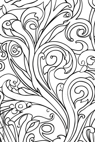 Whimsical black lines create leaves and vines in a swirling, organic pattern perfect for background or textiles