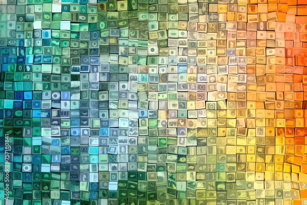 A captivating photograph showcasing a stunning combination of colors in a multicolored background, A mosaic style creation of financial investments, AI Generated
