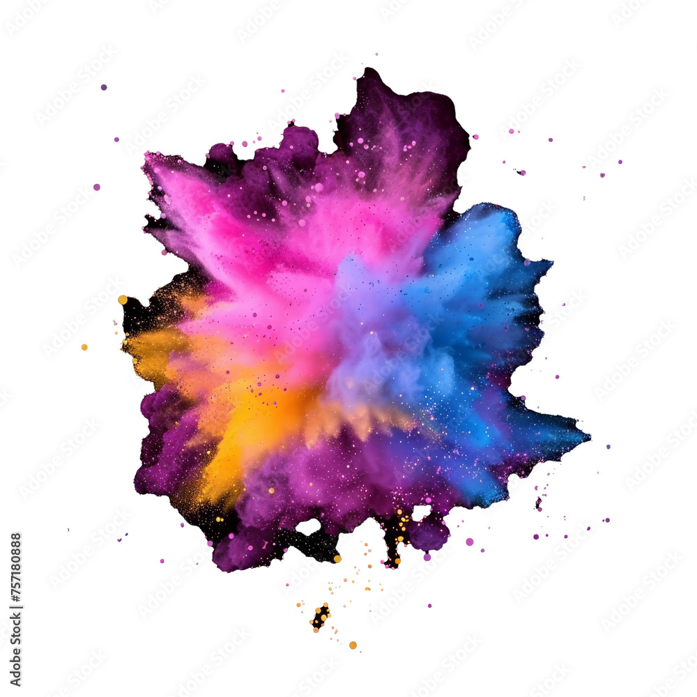 Color explosion of Holi paint powder isolated on dark transparent background, spring holiday paint explosion.