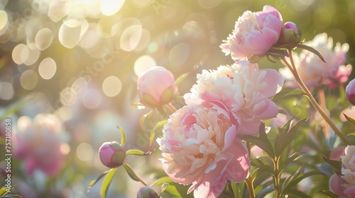 Pastel-hued peonies swaying gracefully in a sun-dappled meadow, a vision of floral splendor.