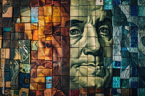 A captivating artwork showcasing a mans face ingeniously crafted using an assortment of money bills, A mosaic style creation of financial investments, AI Generated photo