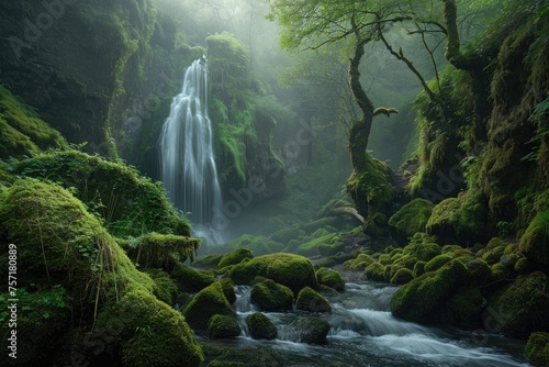 This captivating photo captures the beauty of a lush green forest with a stunning waterfall at its heart  A moss-covered forest with a hidden waterfall  AI Generated
