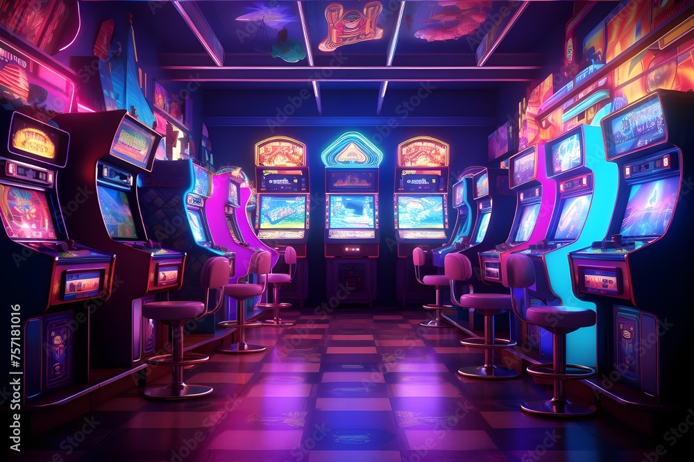 Retro Arcade Games: Rows of retro arcade games, perfect for gaming enthusiasts and lovers of nostalgia.

