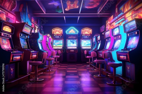 Retro Arcade Games: Rows of retro arcade games, perfect for gaming enthusiasts and lovers of nostalgia.