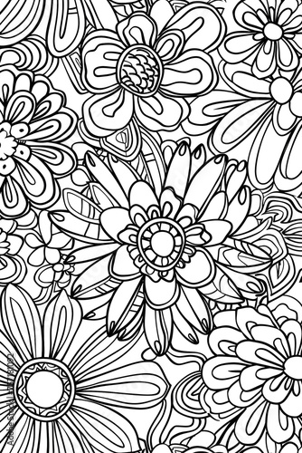 Detailed line work creates a large floral composition  representing growth and the intricate balance of nature