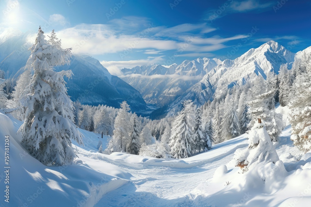 A stunning snow-covered mountain towering over a serene landscape of trees in the foreground, A mountainous winter wonderland captured in panoramic view, AI Generated