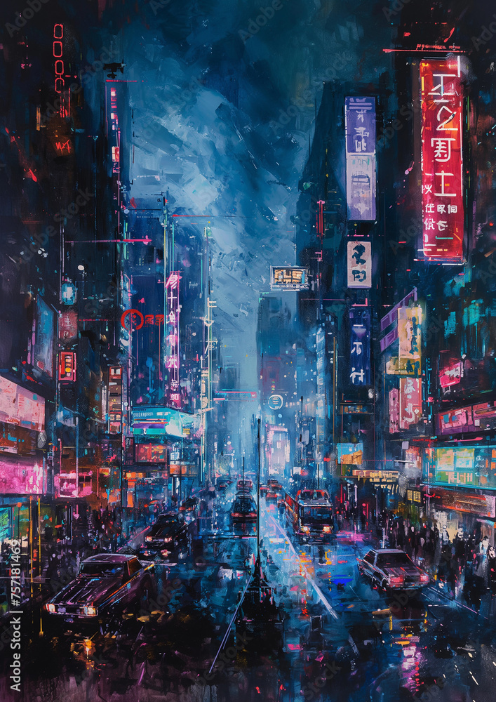Detailed Oil Painting of a Cyberpunk Cityscape with Holographic Billboards