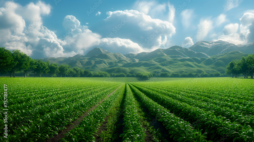 Green soybean field with mountains in the background. Agricultural landscape.
