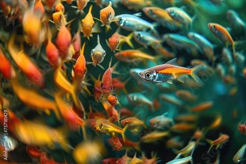 A captivating sight of a large group of fish swimming together in a lively aquarium, A multi-colored school of tetras spiraling in synchronized movement, AI Generated